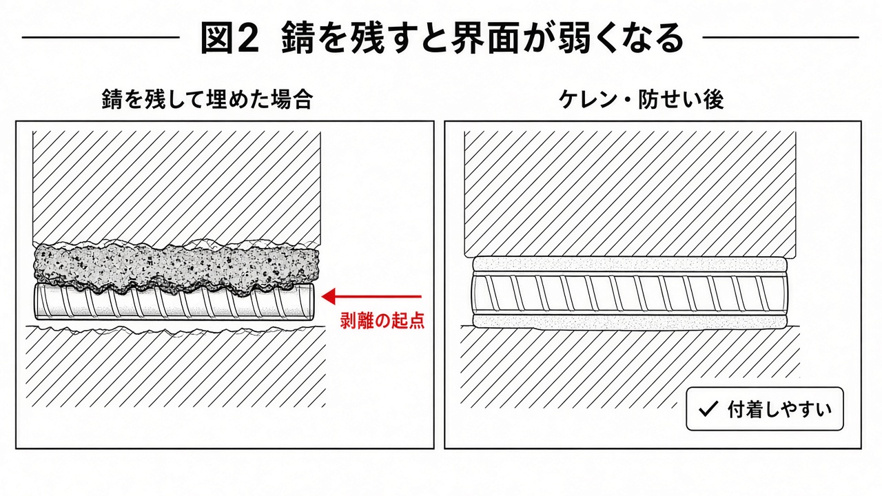 図2 錆を残すと界面が弱くなる
