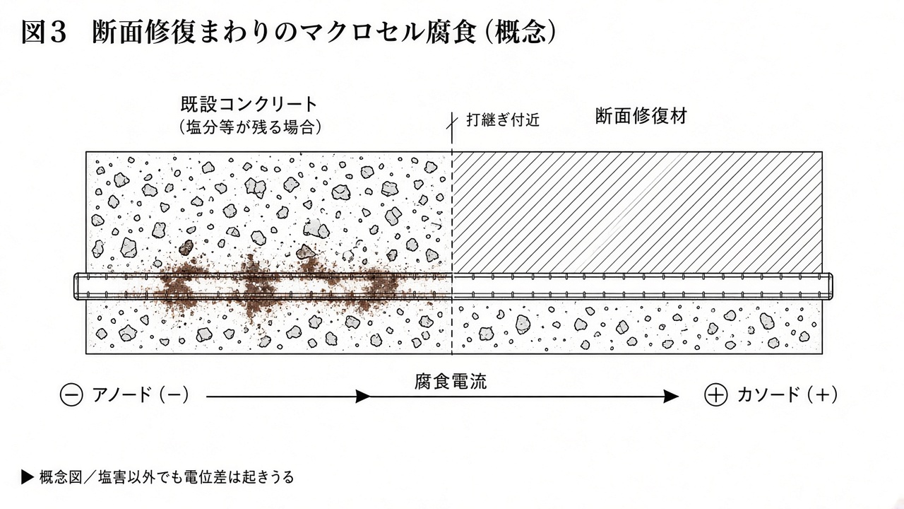 図3 断面修復まわりのマクロセル腐食（概念）