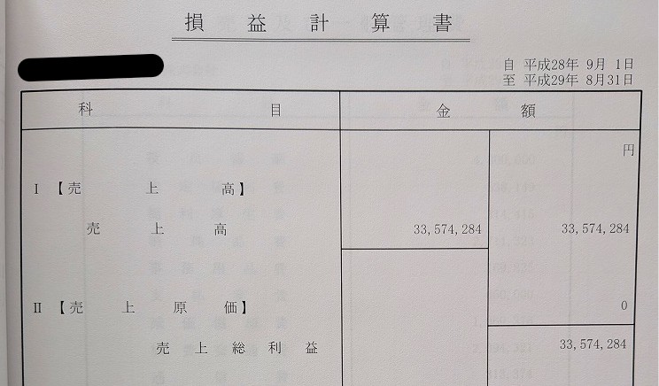 年商3000万円台の決算書。社名は黒塗り